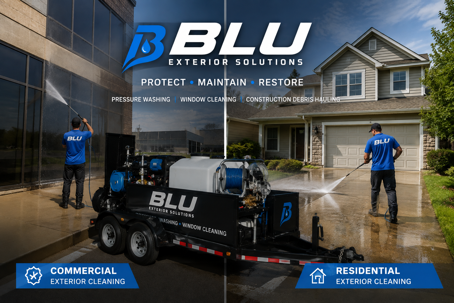 BLU Exterior Solutions exterior cleaning team and equipment